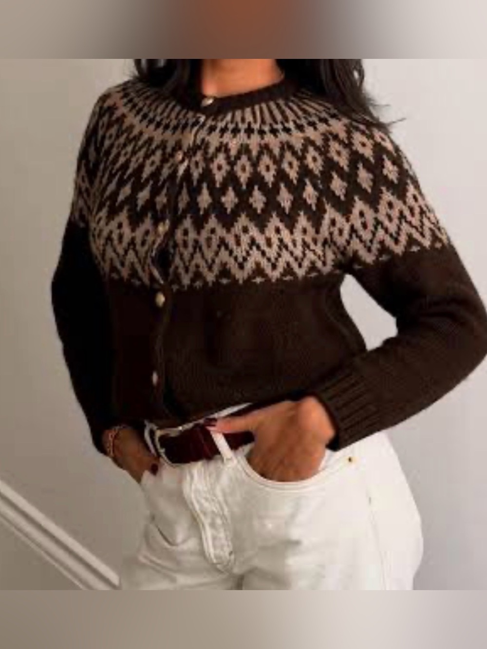 Zara Chunky Brown Nordic Patterned Wool Blend Cardigan Sweater Size M